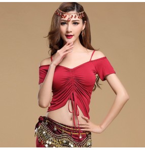 Wine red black violet purple indian modal egypt short sleeves dew shoulder draw string top women's ladies female competition performance professional sexy belly dance costumes tops outfits